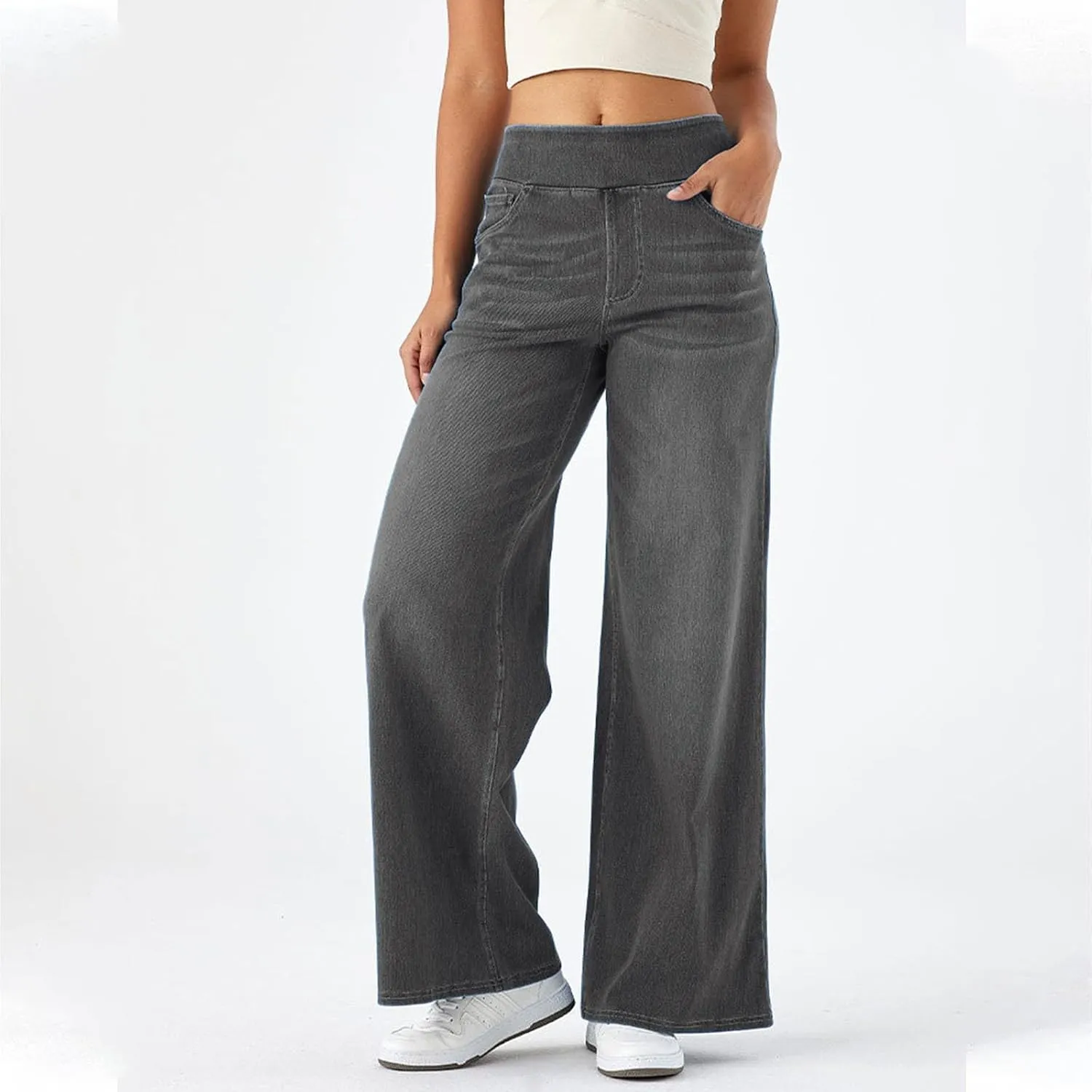 Women Sweatpant Jeans, Sweatpants That Look Like Jeans, High Waisted Stretchy Pull On Wide Leg Denim Pants with Pockets