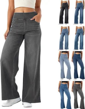 Women Sweatpant Jeans, Sweatpants That Look Like Jeans, High Waisted Stretchy Pull On Wide Leg Denim Pants with Pockets