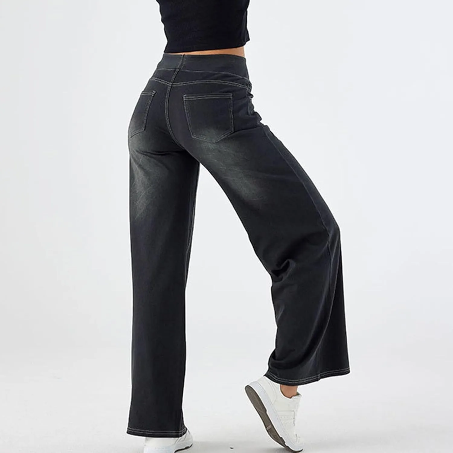 Women Sweatpant Jeans, Sweatpants That Look Like Jeans, High Waisted Stretchy Pull On Wide Leg Denim Pants with Pockets