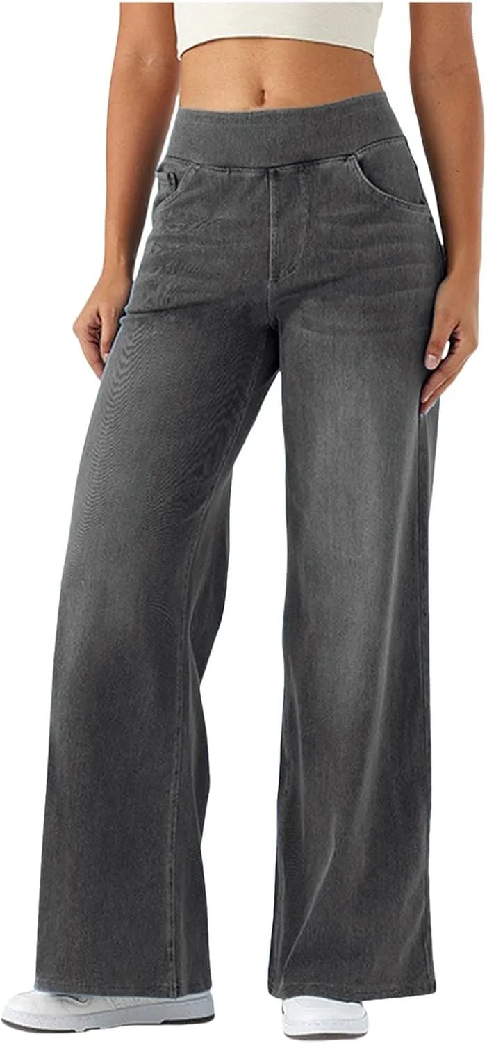 Women Sweatpant Jeans, Sweatpants That Look Like Jeans, High Waisted Stretchy Pull On Wide Leg Denim Pants with Pockets