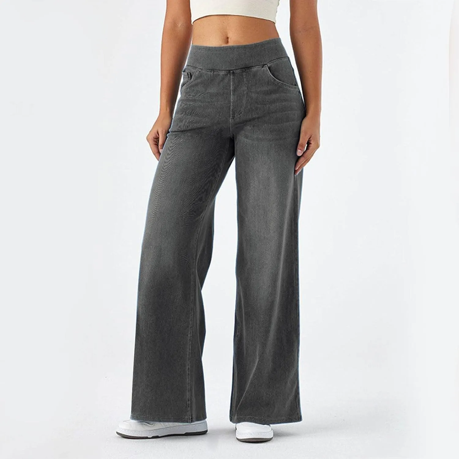 Women Sweatpant Jeans, Sweatpants That Look Like Jeans, High Waisted Stretchy Pull On Wide Leg Denim Pants with Pockets