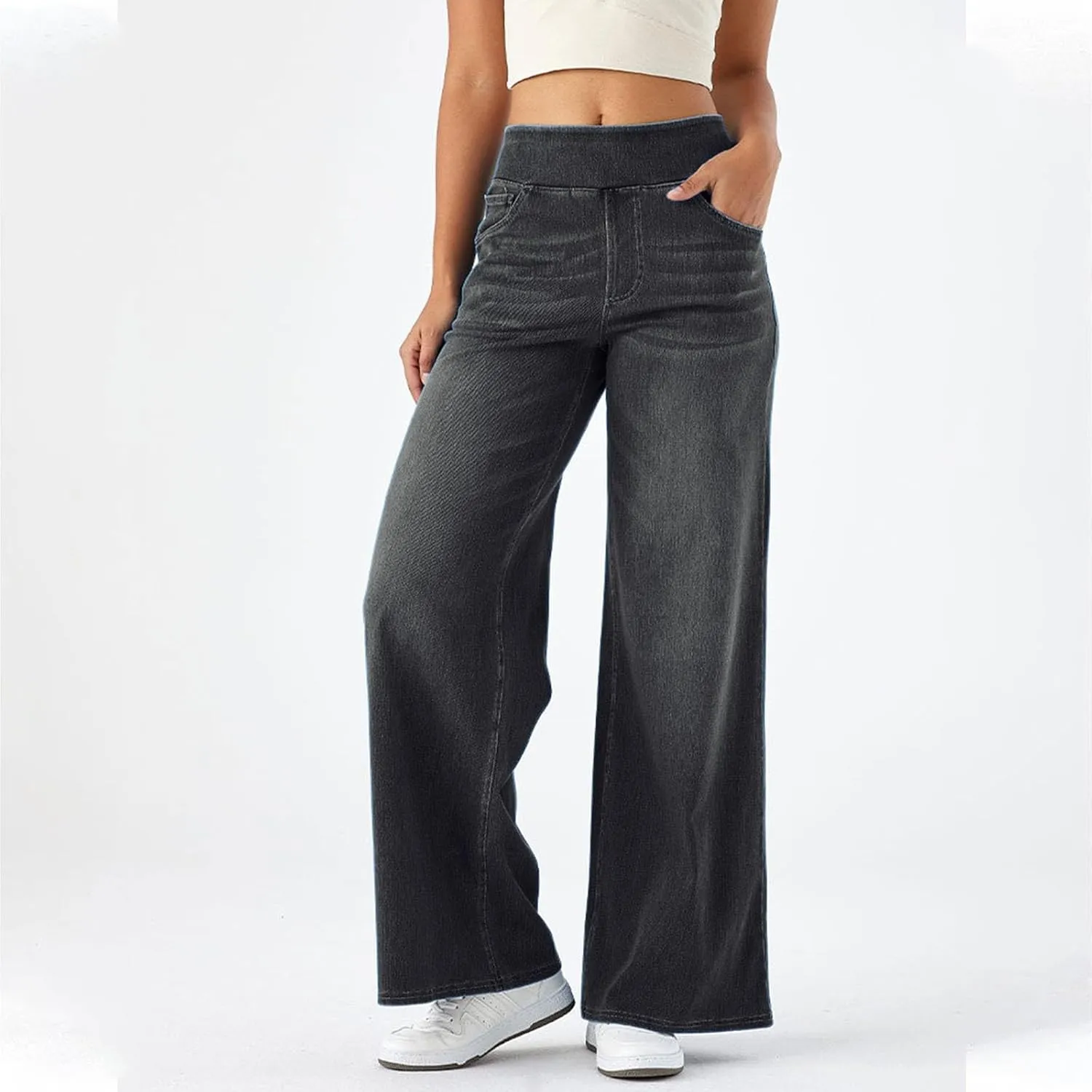 Women Sweatpant Jeans, Sweatpants That Look Like Jeans, High Waisted Stretchy Pull On Wide Leg Denim Pants with Pockets