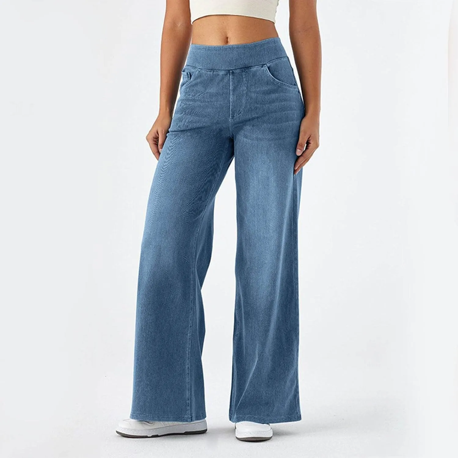 Women Sweatpant Jeans, Sweatpants That Look Like Jeans, High Waisted Stretchy Pull On Wide Leg Denim Pants with Pockets