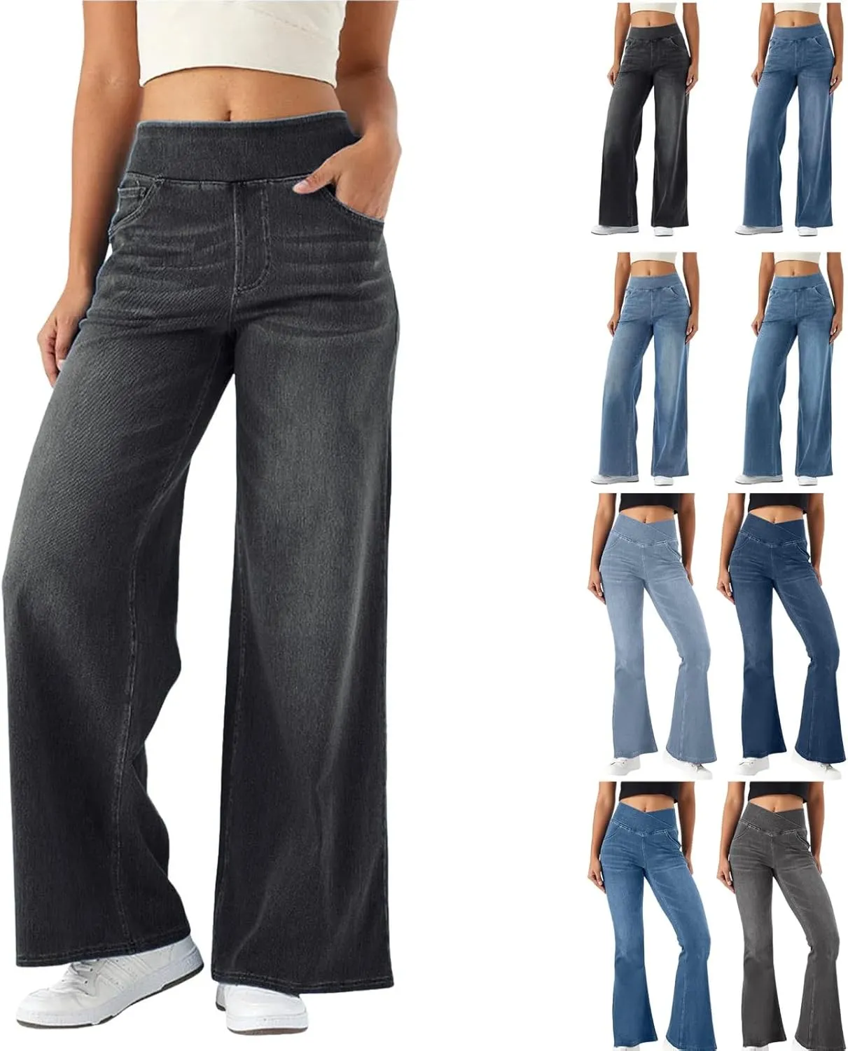 Women Sweatpant Jeans, Sweatpants That Look Like Jeans, High Waisted Stretchy Pull On Wide Leg Denim Pants with Pockets