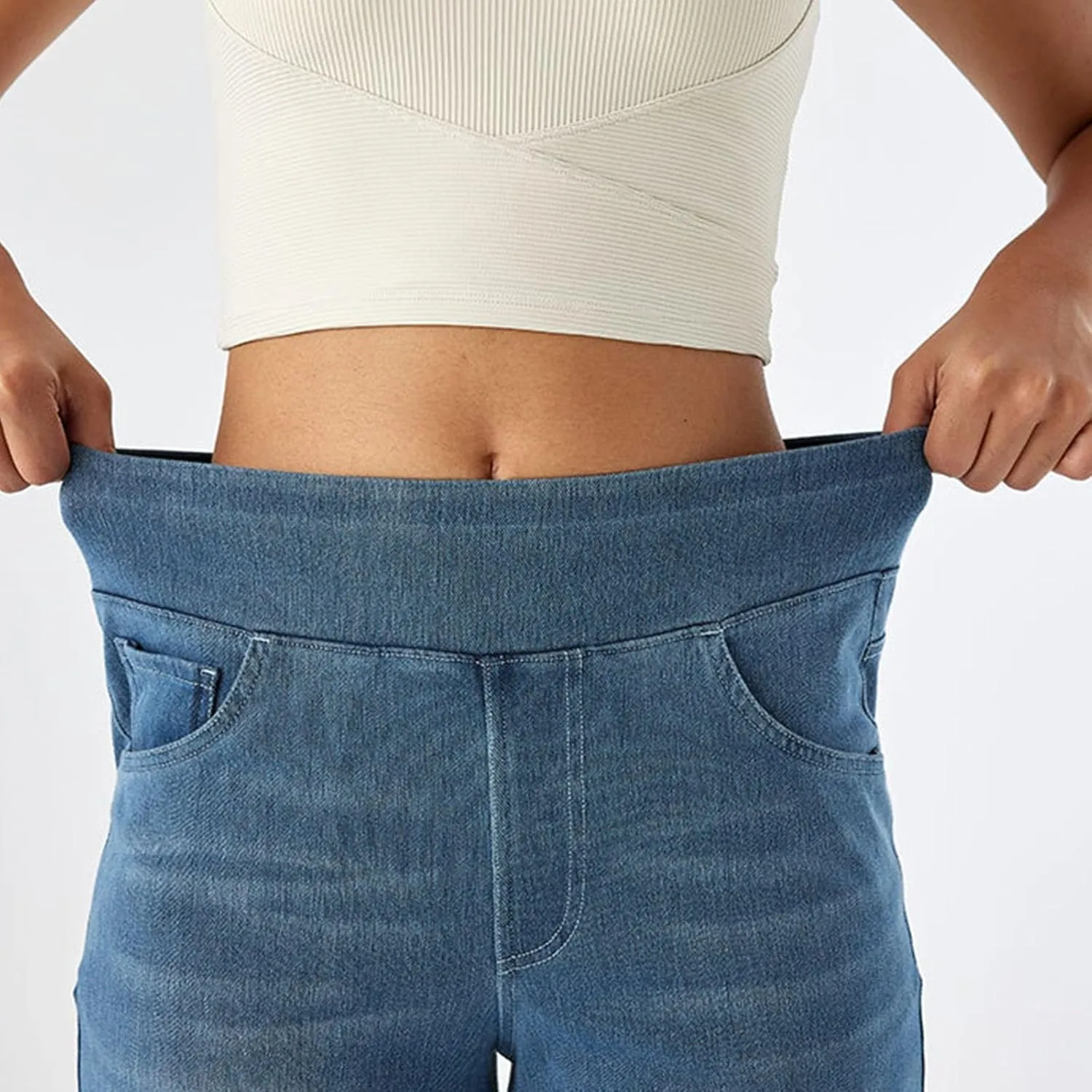 Women Sweatpant Jeans, Sweatpants That Look Like Jeans, High Waisted Stretchy Pull On Wide Leg Denim Pants with Pockets