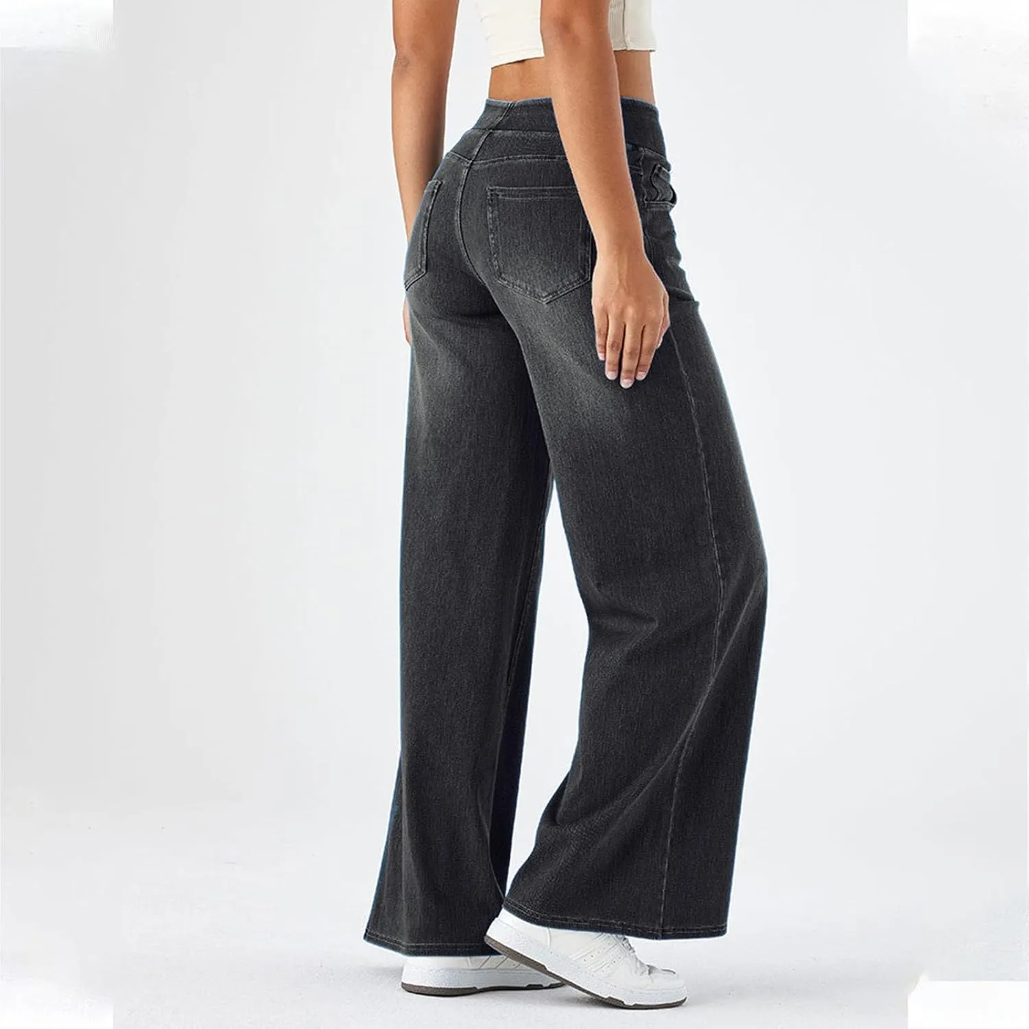Women Sweatpant Jeans, Sweatpants That Look Like Jeans, High Waisted Stretchy Pull On Wide Leg Denim Pants with Pockets