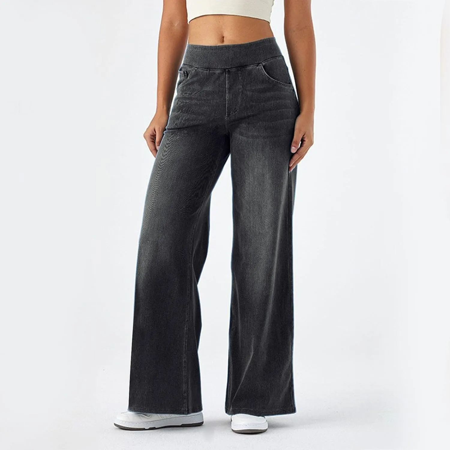 Women Sweatpant Jeans, Sweatpants That Look Like Jeans, High Waisted Stretchy Pull On Wide Leg Denim Pants with Pockets