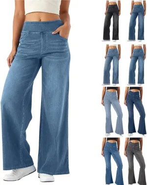 Women Sweatpant Jeans, Sweatpants That Look Like Jeans, High Waisted Stretchy Pull On Wide Leg Denim Pants with Pockets