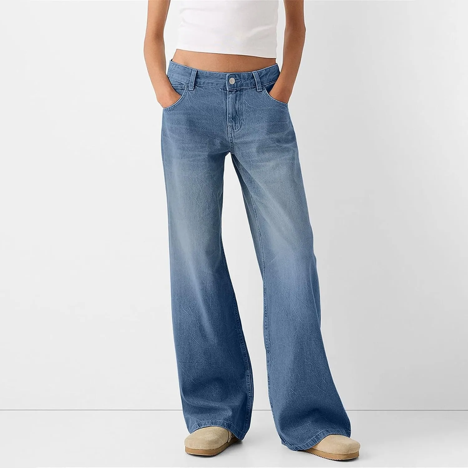 Women Sweatpant Jeans Y2K Low Rise Baggy Denim Pants Trendy High Waisted Wide Leg Boyfriend Barrel Jeans w/Pockets