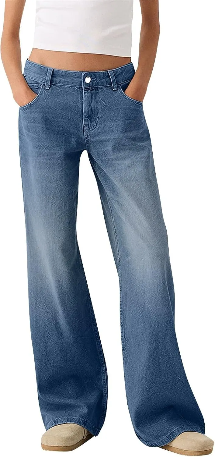 Women Sweatpant Jeans Y2K Low Rise Baggy Denim Pants Trendy High Waisted Wide Leg Boyfriend Barrel Jeans w/Pockets