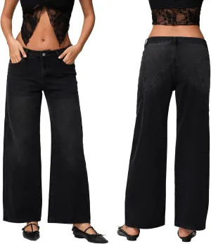 Women Y2K Baggy Low Rise Jeans Straight Wide Leg Boyfriend Trousers Street Trendy Stretch Long Denim Pants