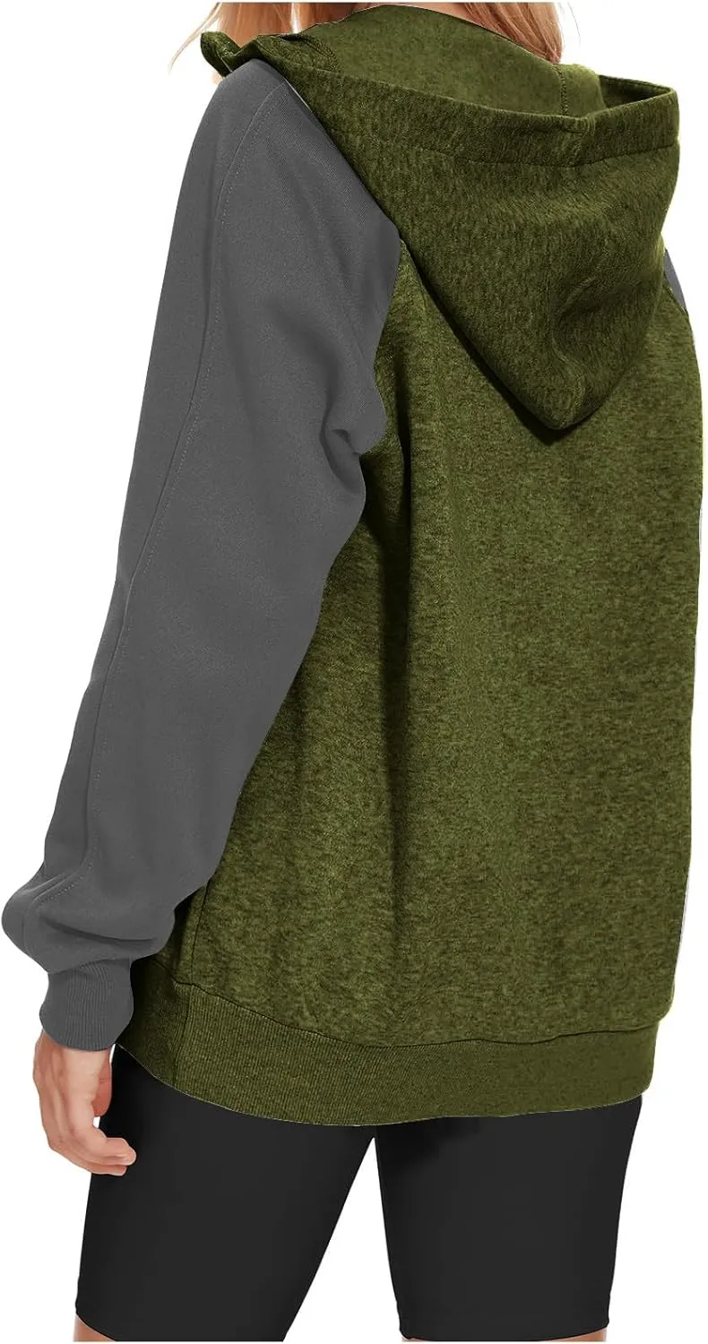 Womens 1/4 Zipper Hoodies Sweatshirts Long Sleeve Color Block Hooded Tops Casual Comfy Sweatshirt with Pocket