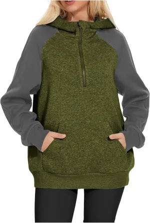 Womens 1/4 Zipper Hoodies Sweatshirts Long Sleeve Color Block Hooded Tops Casual Comfy Sweatshirt with Pocket