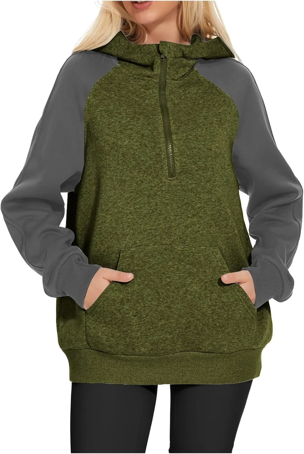 Womens 1/4 Zipper Hoodies Sweatshirts Long Sleeve Color Block Hooded Tops Casual Comfy Sweatshirt with Pocket
