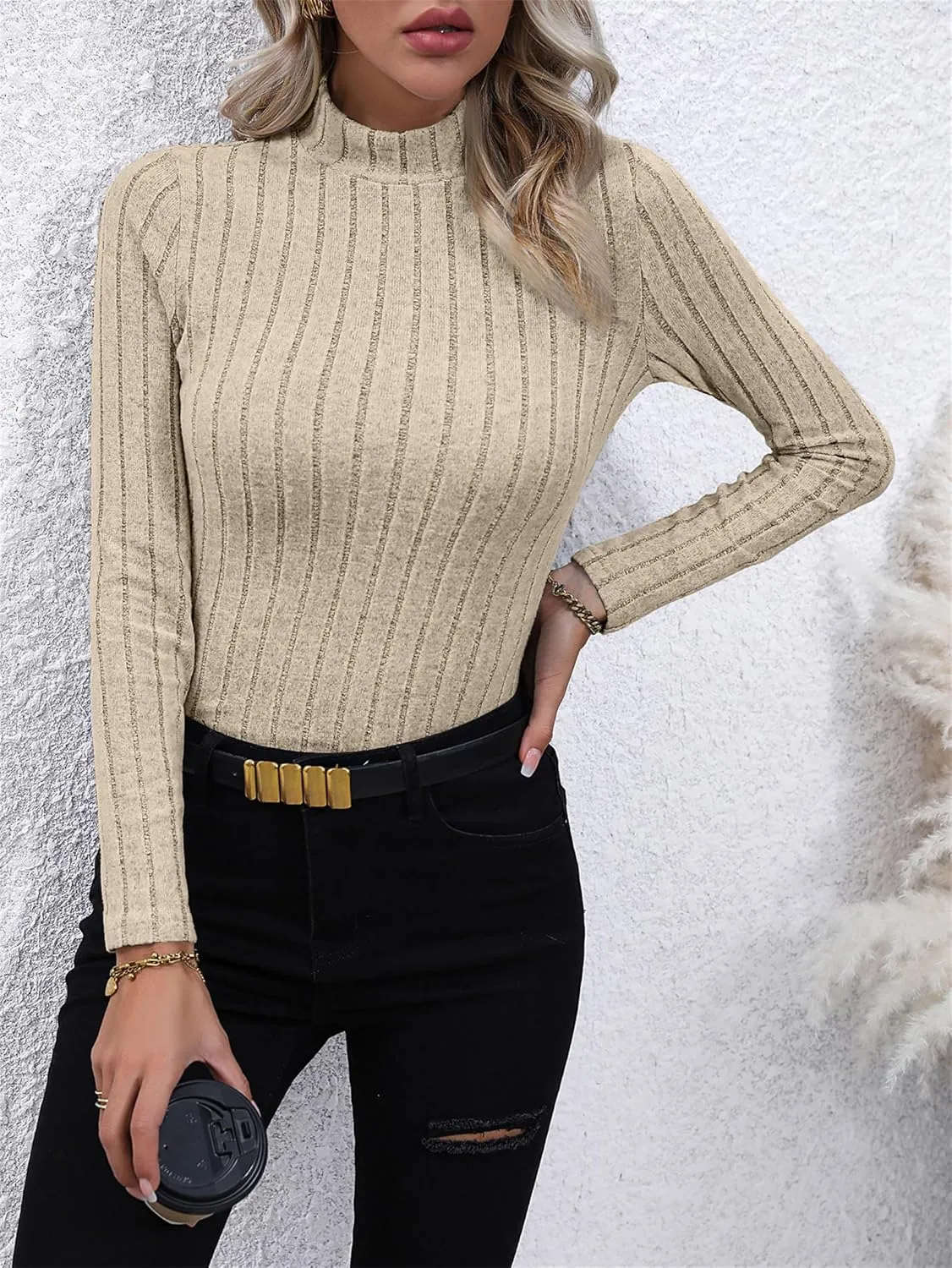 Womens 2023 Fall Turtleneck Knit Sweater Long Sleeve Soft Classic Pullover Tops Ribbed Casual Fit Solid Outerwear