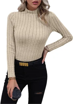 Womens 2023 Fall Turtleneck Knit Sweater Long Sleeve Soft Classic Pullover Tops Ribbed Casual Fit Solid Outerwear