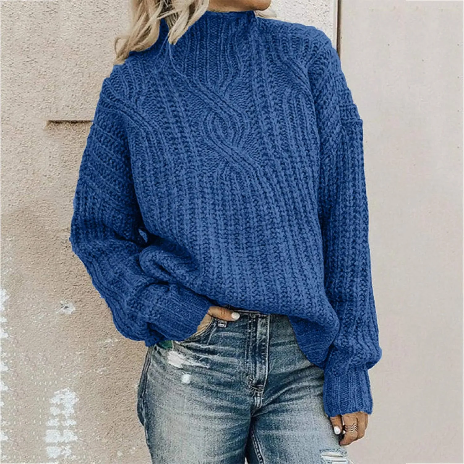 Women's 2023 Turtleneck Long Sleeve Sweaters Casual Loose Oversized Chunky Cable Knitted Pullover Sweater Jumper Tops
