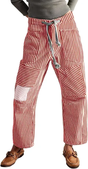 Womens Baggy Barrel Horseshoe Jeans Wide Leg Drawstring Vintage Denim Pants Striped Patchwork Tie Waist Jeans