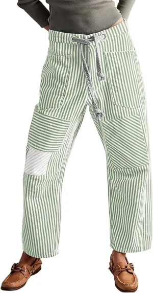 Womens Baggy Barrel Horseshoe Jeans Wide Leg Drawstring Vintage Denim Pants Striped Patchwork Tie Waist Jeans
