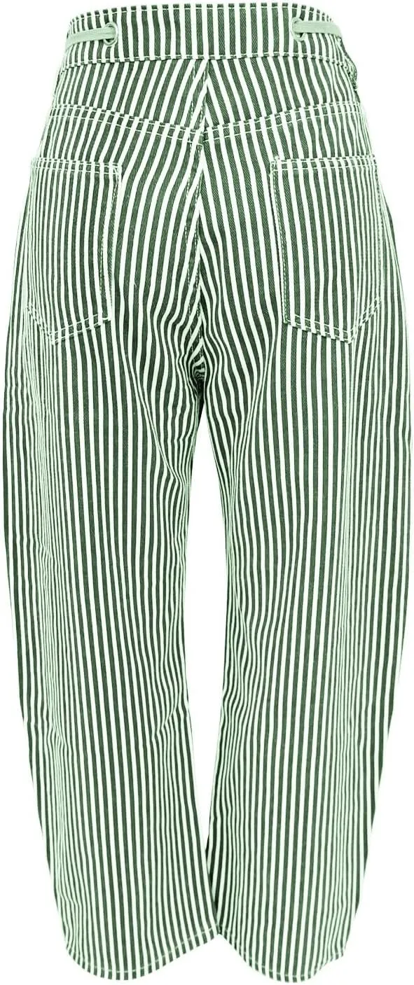 Womens Baggy Barrel Horseshoe Jeans Wide Leg Drawstring Vintage Denim Pants Striped Patchwork Tie Waist Jeans