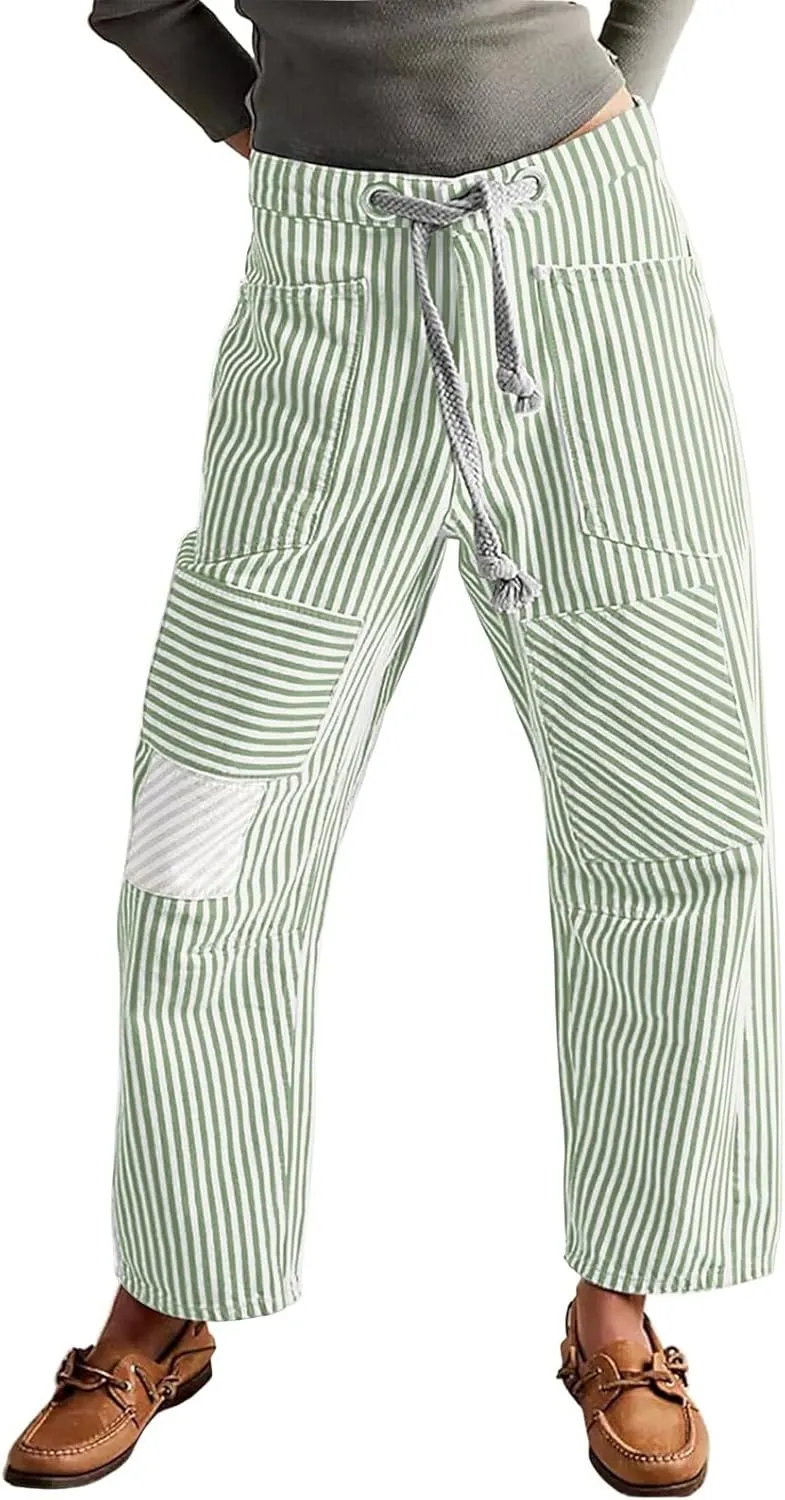 Womens Baggy Barrel Horseshoe Jeans Wide Leg Drawstring Vintage Denim Pants Striped Patchwork Tie Waist Jeans