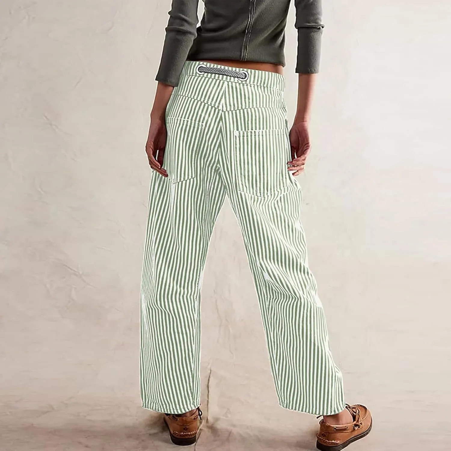 Womens Baggy Barrel Horseshoe Jeans Wide Leg Drawstring Vintage Denim Pants Striped Patchwork Tie Waist Jeans