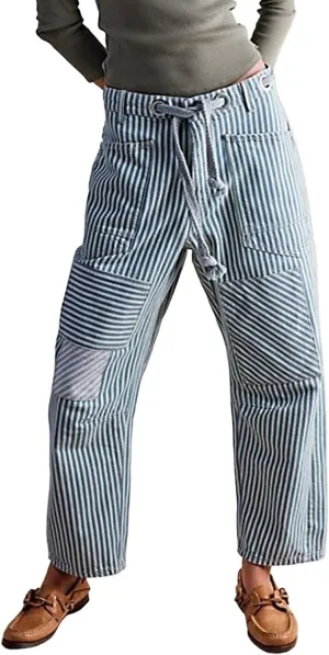 Womens Baggy Barrel Horseshoe Jeans Wide Leg Drawstring Vintage Denim Pants Striped Patchwork Tie Waist Jeans