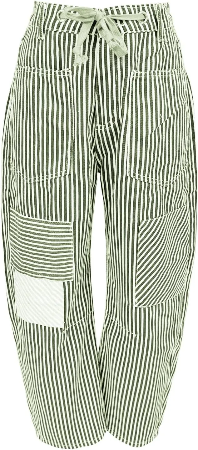 Womens Baggy Barrel Horseshoe Jeans Wide Leg Drawstring Vintage Denim Pants Striped Patchwork Tie Waist Jeans