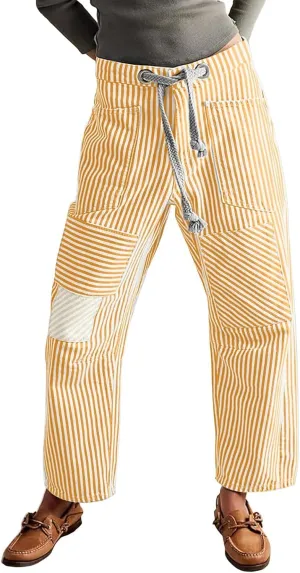 Womens Baggy Barrel Horseshoe Jeans Wide Leg Drawstring Vintage Denim Pants Striped Patchwork Tie Waist Jeans