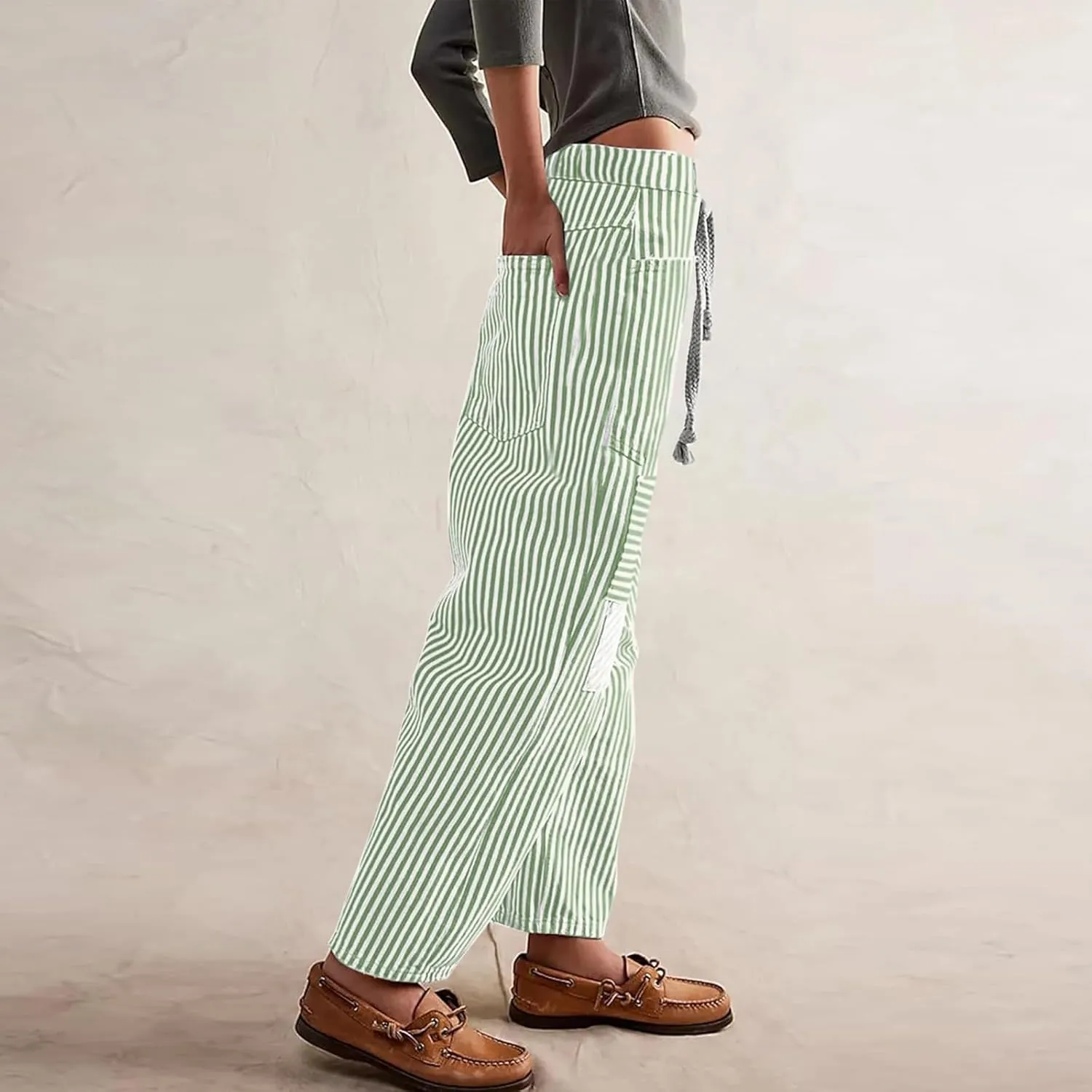 Womens Baggy Barrel Horseshoe Jeans Wide Leg Drawstring Vintage Denim Pants Striped Patchwork Tie Waist Jeans