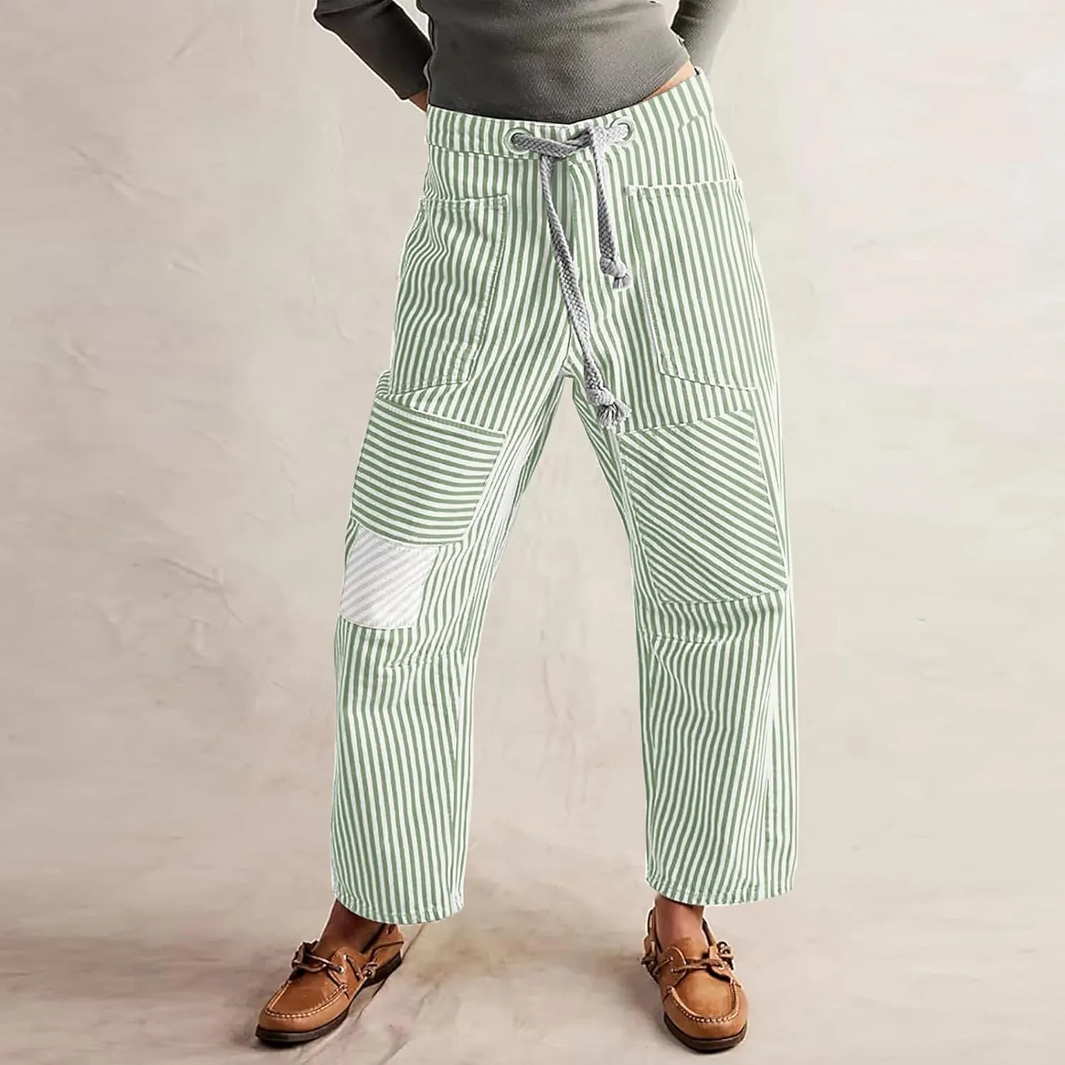 Womens Baggy Barrel Horseshoe Jeans Wide Leg Drawstring Vintage Denim Pants Striped Patchwork Tie Waist Jeans