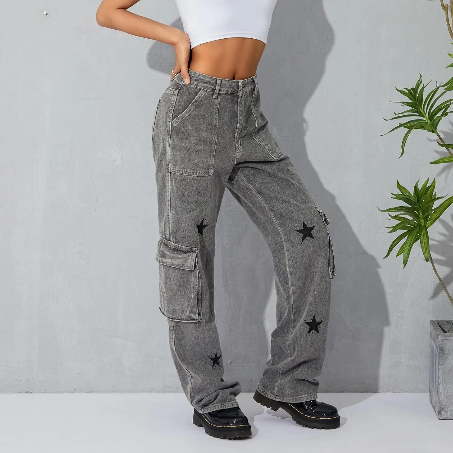 Women's Baggy Denim Pants High Waisted Y2K Wide Leg Oversized Plus Size Boyfriend Cargo Jeans Streetwear Trousers