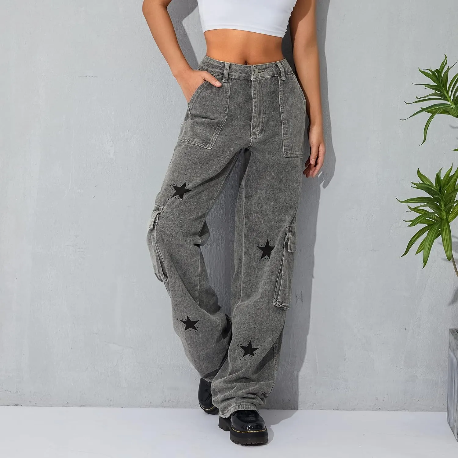 Women's Baggy Denim Pants High Waisted Y2K Wide Leg Oversized Plus Size Boyfriend Cargo Jeans Streetwear Trousers