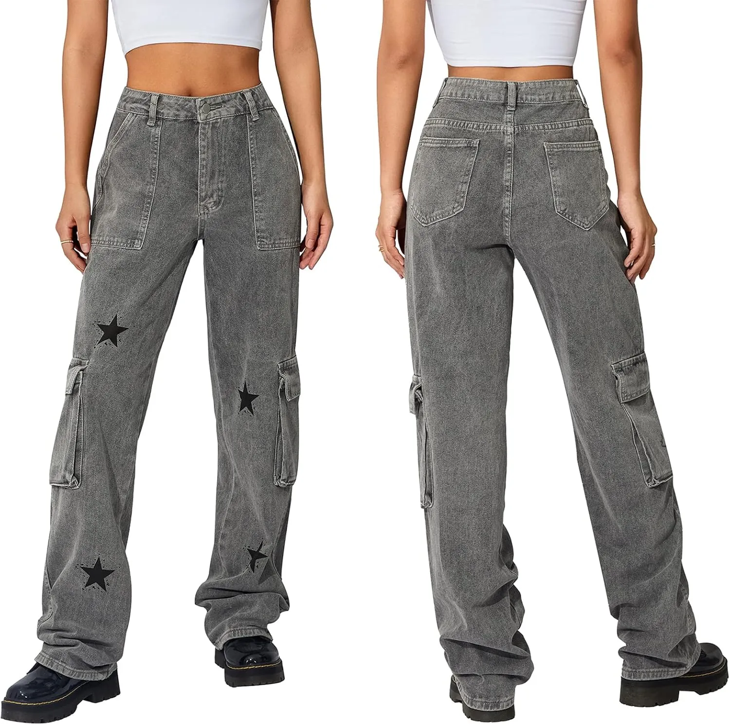 Women's Baggy Denim Pants High Waisted Y2K Wide Leg Oversized Plus Size Boyfriend Cargo Jeans Streetwear Trousers