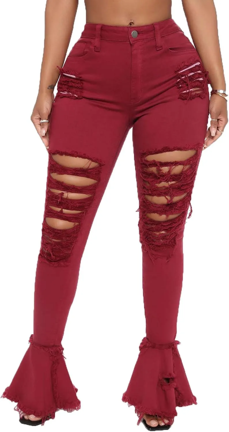 Women's Bell Bottom Jeans Destoryed Ripped Flare Jeans Elastic Waist Raw Hem Denim Pants