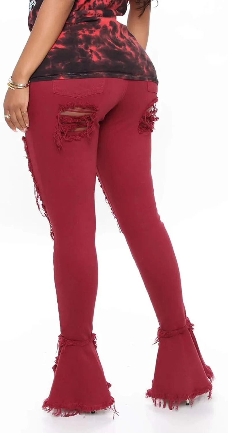 Women's Bell Bottom Jeans Destoryed Ripped Flare Jeans Elastic Waist Raw Hem Denim Pants