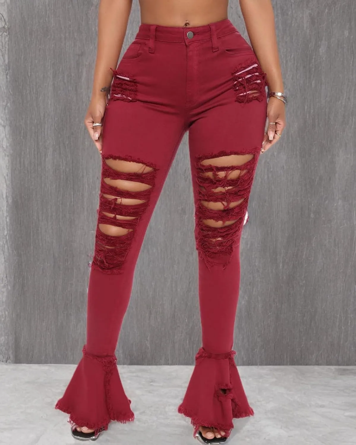 Women's Bell Bottom Jeans Destoryed Ripped Flare Jeans Elastic Waist Raw Hem Denim Pants