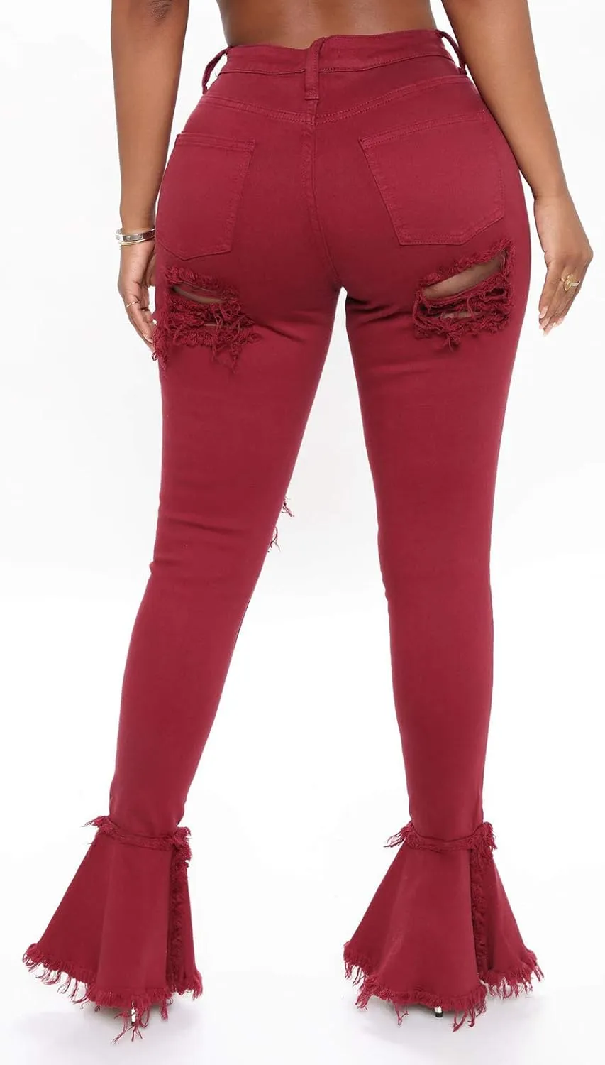 Women's Bell Bottom Jeans Destoryed Ripped Flare Jeans Elastic Waist Raw Hem Denim Pants