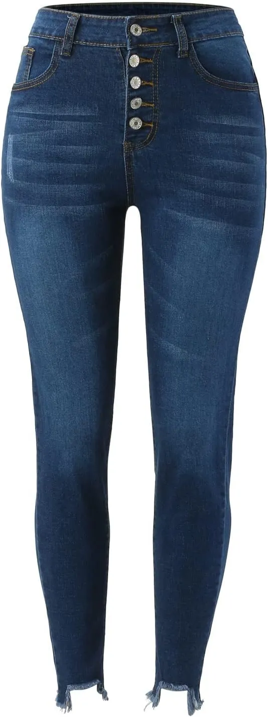 Womens Button Fly Jeans Skinny Stretchy Frayed Raw Hem Denim Pants High Waisted Straight Leg Mom Jeggings Jeans