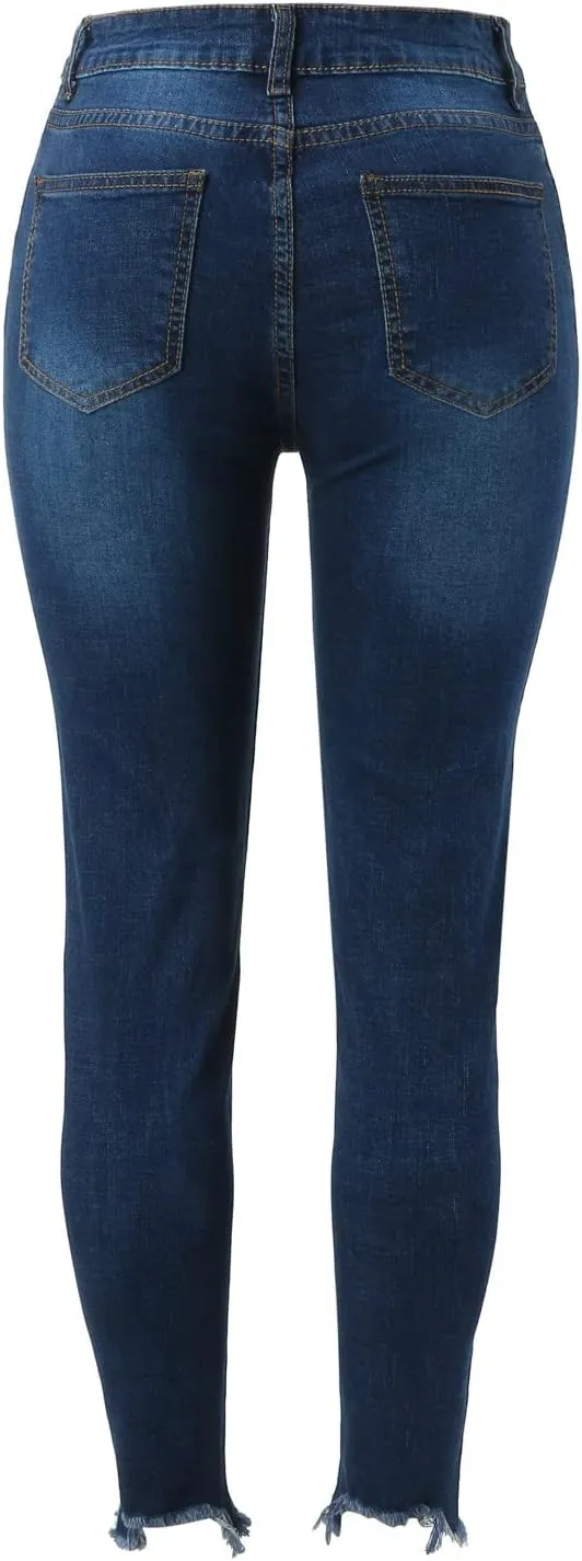 Womens Button Fly Jeans Skinny Stretchy Frayed Raw Hem Denim Pants High Waisted Straight Leg Mom Jeggings Jeans
