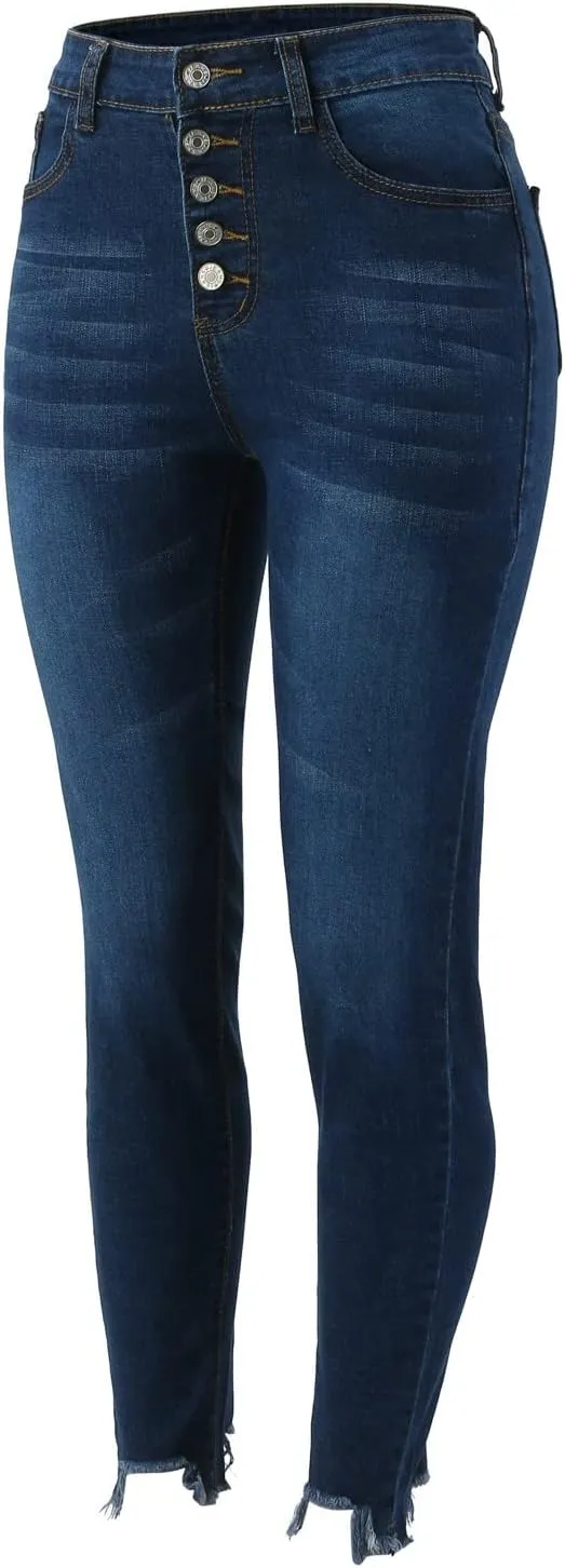 Womens Button Fly Jeans Skinny Stretchy Frayed Raw Hem Denim Pants High Waisted Straight Leg Mom Jeggings Jeans