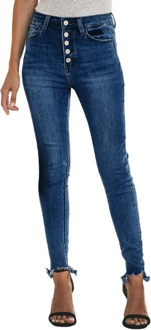 Womens Button Fly Jeans Skinny Stretchy Frayed Raw Hem Denim Pants High Waisted Straight Leg Mom Jeggings Jeans