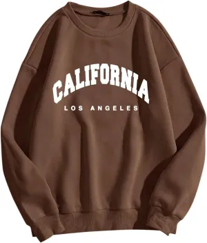 Womens California Los Angeles Sweatshirts Loose Fit Crew Neck Drop Shoulder Pullovers Baggy Fleece Preppy Top