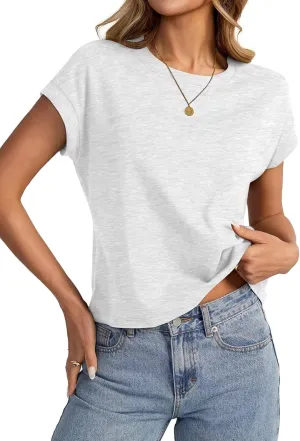 Womens Cap Sleeve Crop Tops Cotton T Shirts Crewneck Loose Fit Short Sleeves Tee Summer Fashion Clothes 2025
