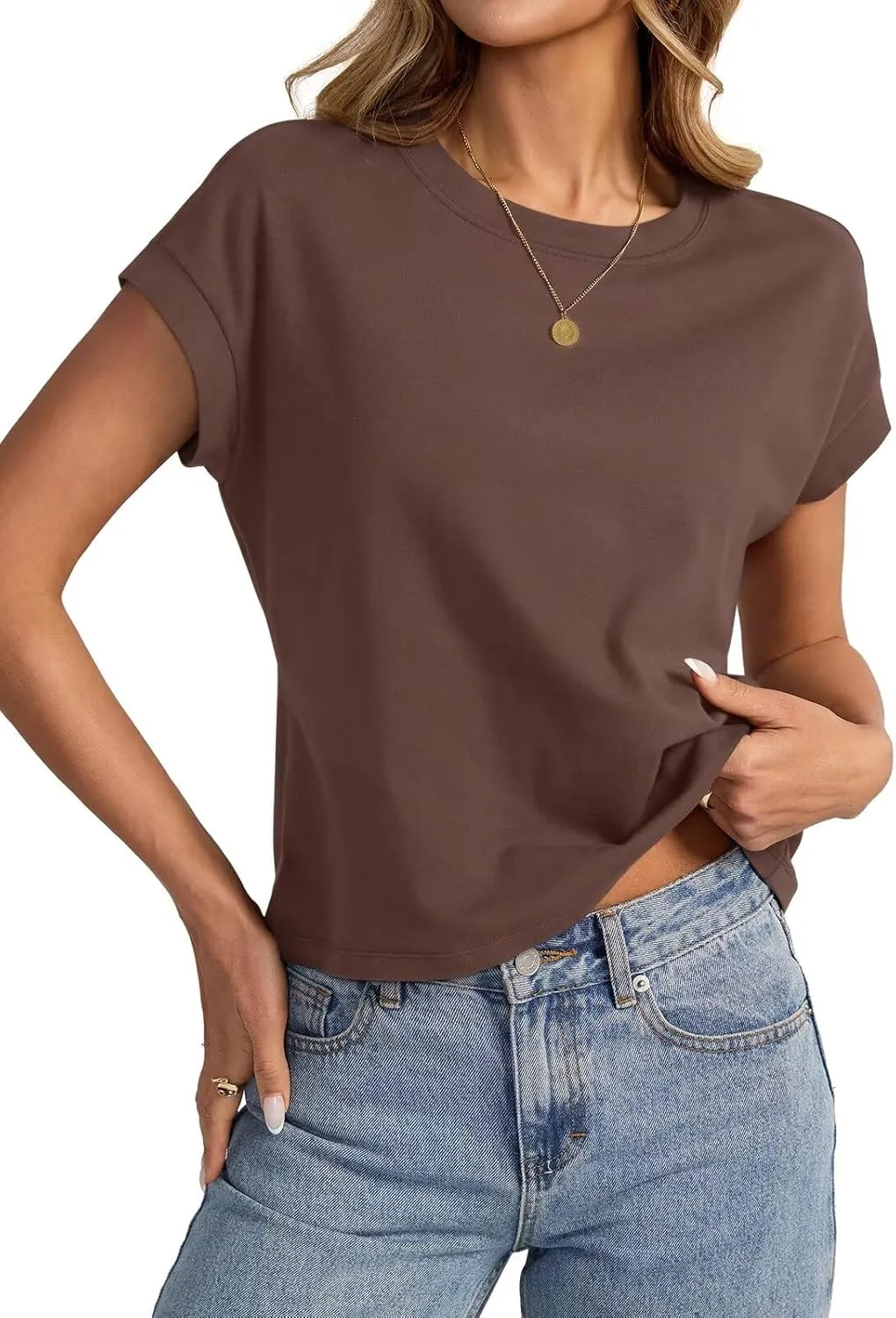 Womens Cap Sleeve Crop Tops Cotton T Shirts Crewneck Loose Fit Short Sleeves Tee Summer Fashion Clothes 2025