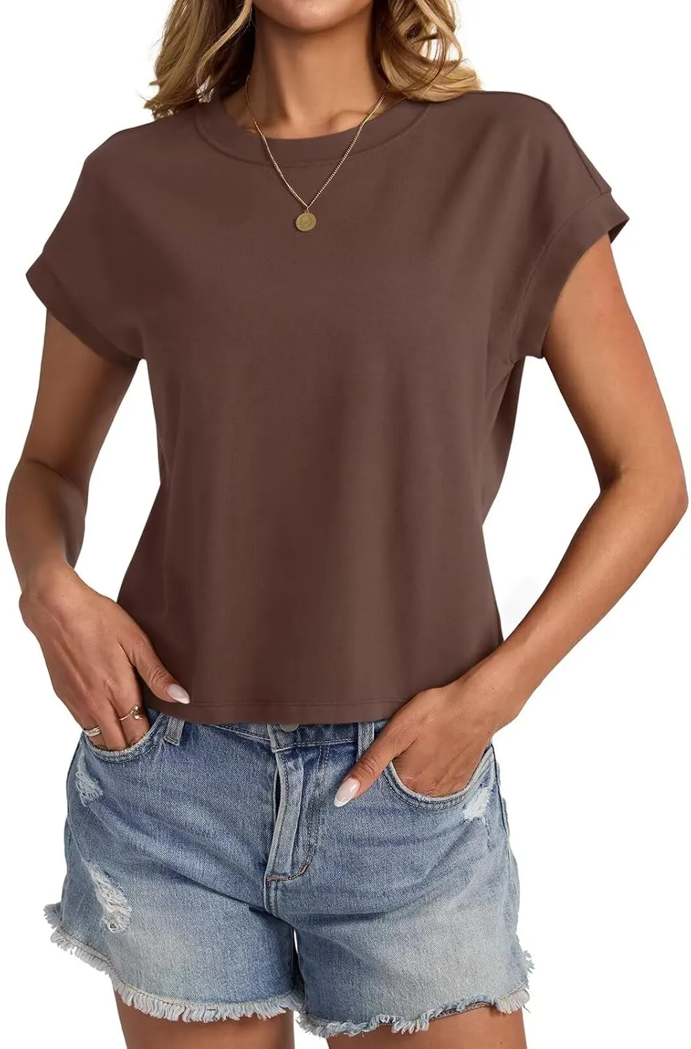 Womens Cap Sleeve Crop Tops Cotton T Shirts Crewneck Loose Fit Short Sleeves Tee Summer Fashion Clothes 2025
