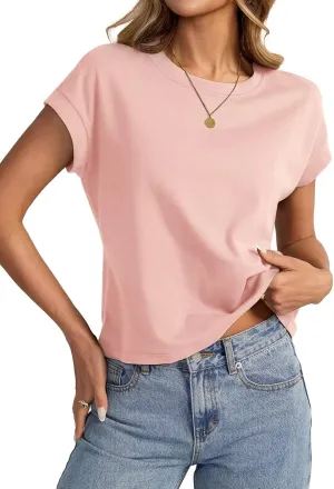 Womens Cap Sleeve Crop Tops Cotton T Shirts Crewneck Loose Fit Short Sleeves Tee Summer Fashion Clothes 2025