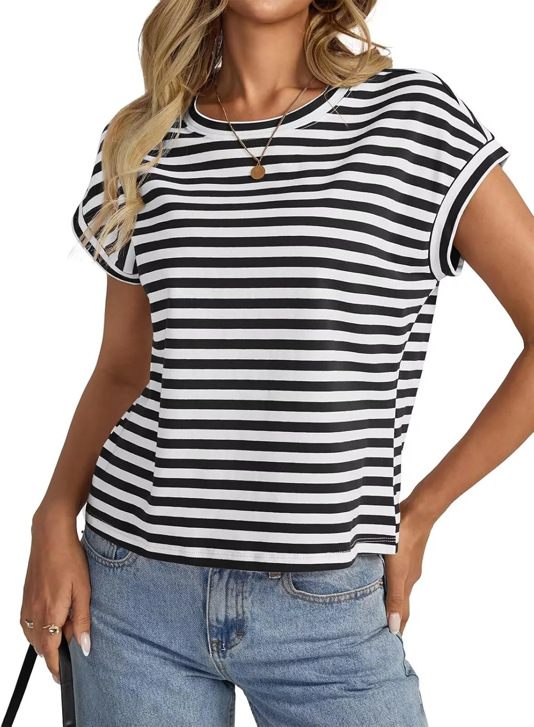 Womens Cap Sleeve Crop Tops Cotton T Shirts Crewneck Loose Fit Short Sleeves Tee Summer Fashion Clothes 2025