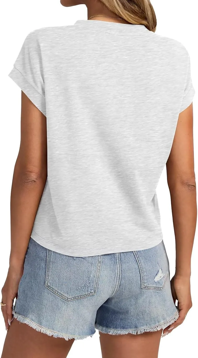 Womens Cap Sleeve Crop Tops Cotton T Shirts Crewneck Loose Fit Short Sleeves Tee Summer Fashion Clothes 2025