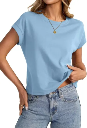 Womens Cap Sleeve Crop Tops Cotton T Shirts Crewneck Loose Fit Short Sleeves Tee Summer Fashion Clothes 2025